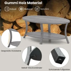 Ovaler Couchtisch mit Ablage Wohnzimmertisch 2-stöckiger Beistelltisch Sofatisch Kaffeetisch Grau