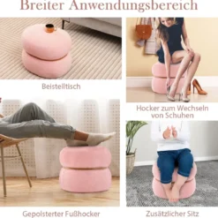 Ovaler Sitzhocker mit Rutschfeste Fußpolster Gepolserter Schminkhocker aus Sherpa Rosa 44 x 35 x 35 cm