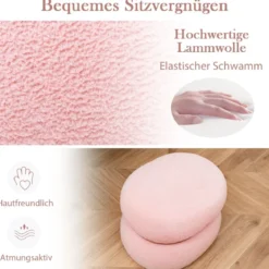 Ovaler Sitzhocker mit Rutschfeste Fußpolster Gepolserter Schminkhocker aus Sherpa Rosa 44 x 35 x 35 cm