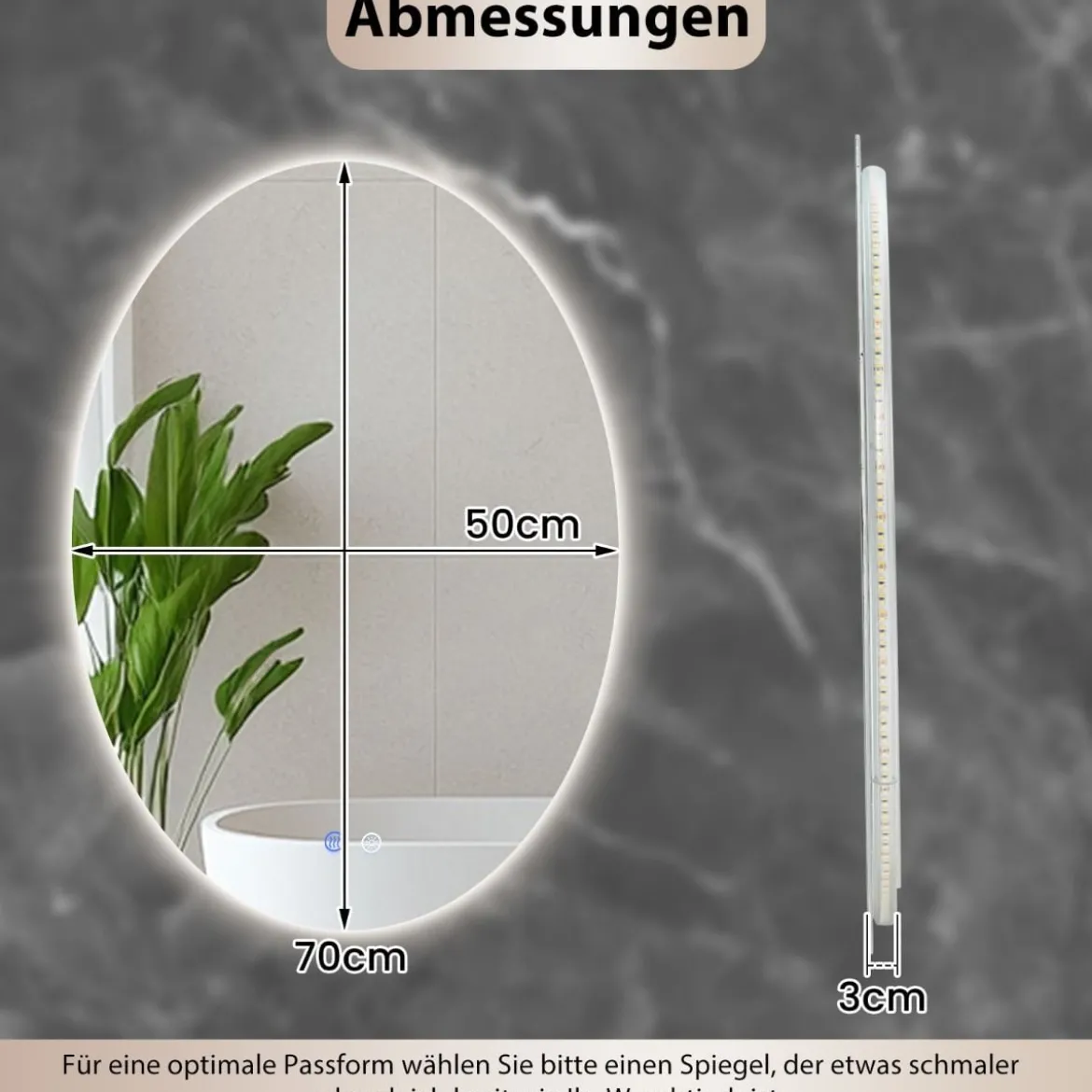 Ovales Badezimmerspiegel 70 x 50 cm beleuchteter Wandspiegel mit Anti-Beschlag Silber