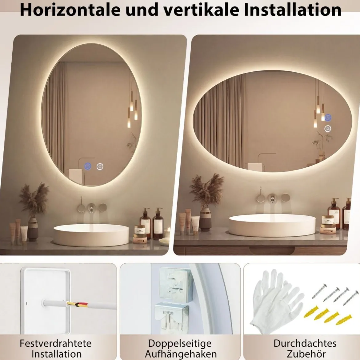 Ovales Badezimmerspiegel 70 x 50 cm beleuchteter Wandspiegel mit Anti-Beschlag Silber