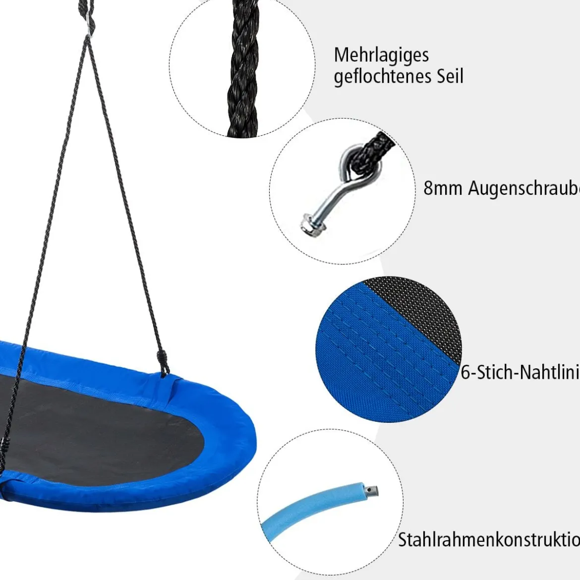 Ovale Schaukel Baumschaukel mit 100-160cm verstellbarer Höhe & mehrlagigem Seil für Kinder & Erwachsene Blau