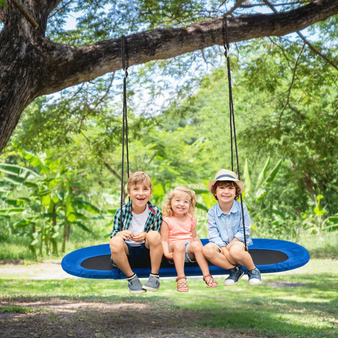 Ovale Schaukel Baumschaukel mit 100-160cm verstellbarer Höhe & mehrlagigem Seil für Kinder & Erwachsene Blau