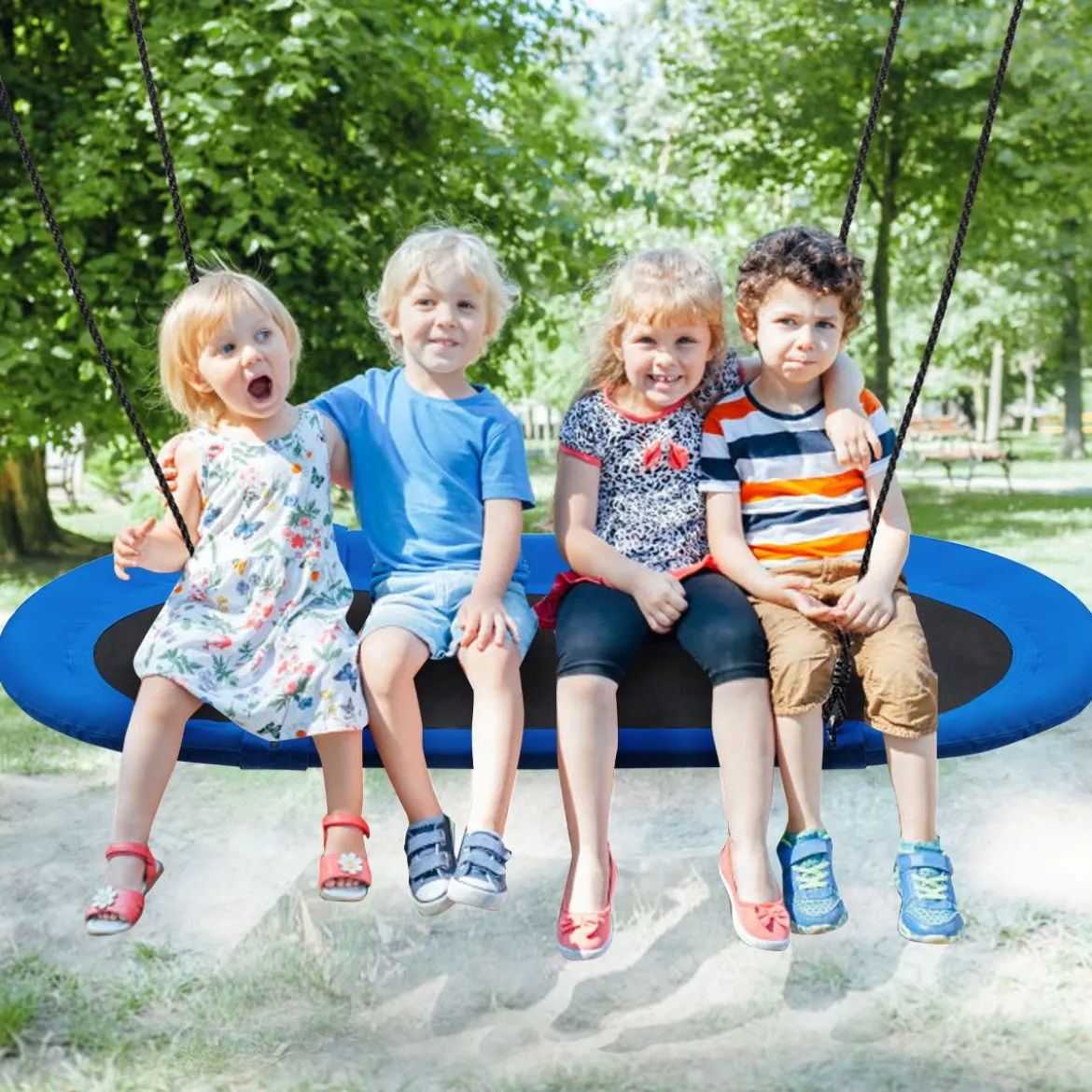 Ovale Schaukel Baumschaukel mit 100-160cm verstellbarer Höhe & mehrlagigem Seil für Kinder & Erwachsene Blau