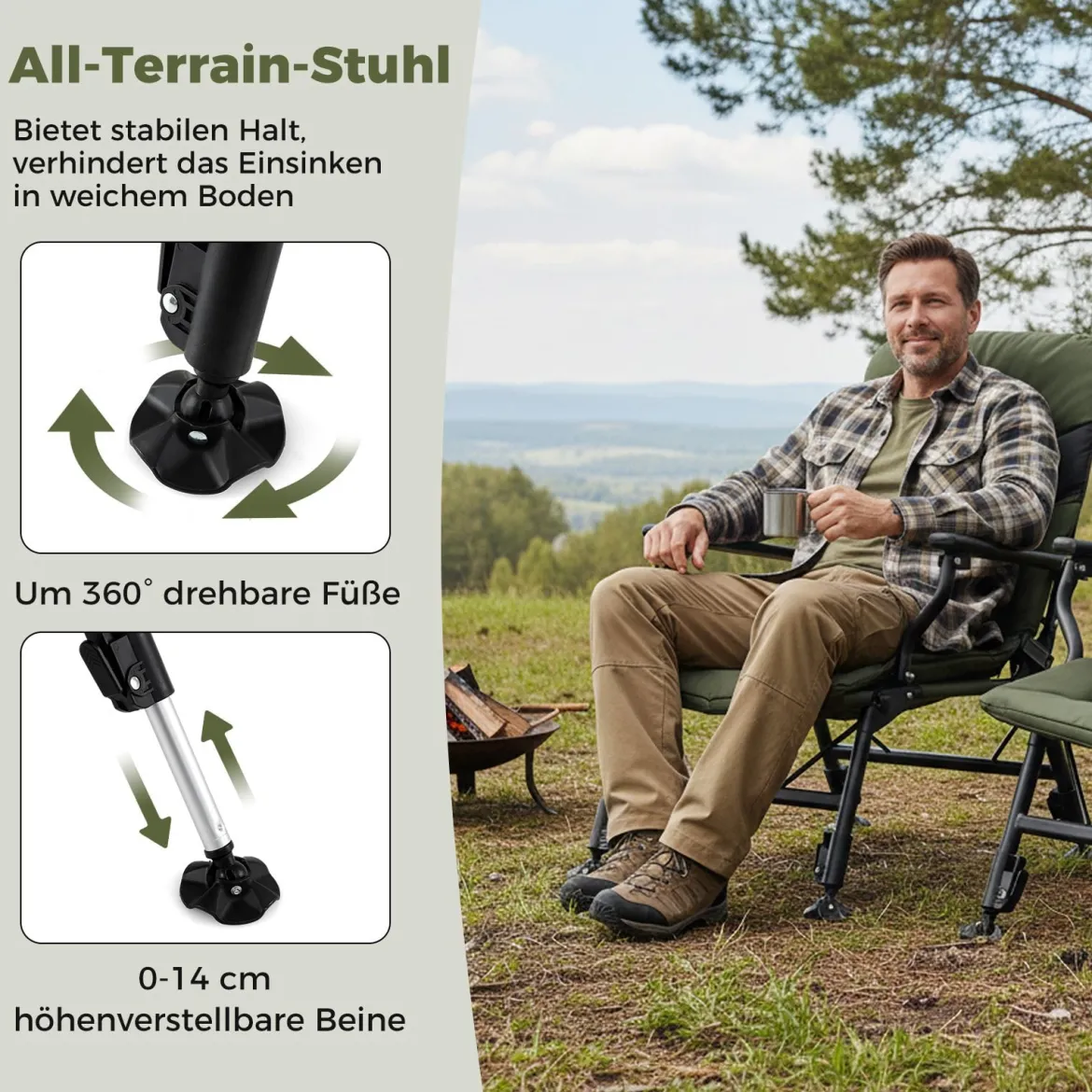 Oversize Klappbarer Campingstuhl für Erwachsene Schwerlast All-Terrain Klappstuhl Grün