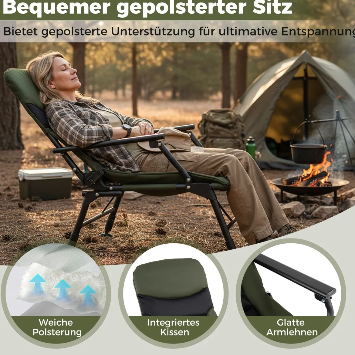 Oversize Klappbarer Campingstuhl für Erwachsene Schwerlast All-Terrain Klappstuhl Grün