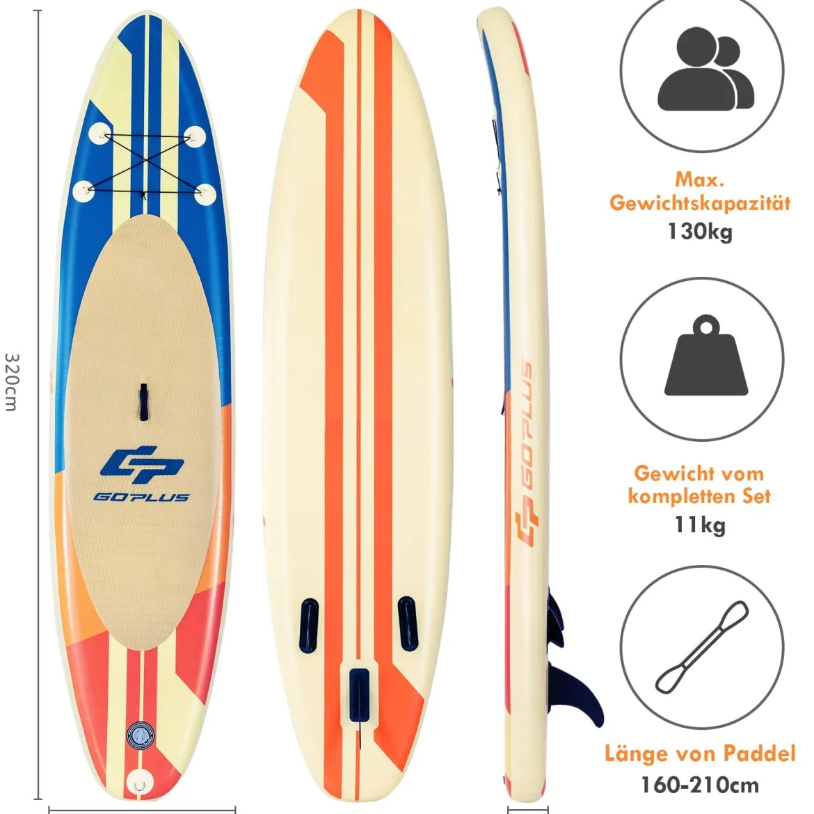 Paddel Brett Paddelboot Schwimmendes Paddelbrett 320 x 76 x 15 cm Streifen-Muster Bunt
