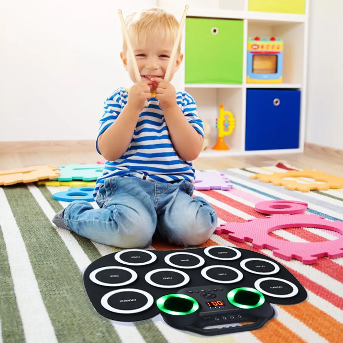 9 Pads E-Drum mit LEDs & Bluetooth inkl. Pedale und Drumsticksfür Kinder und Anfänger