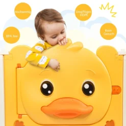 14 Paneele Laufgitter Baby Laufstall faltbar Absperrgitter mit Tür und Spielzeugboard Krabbelgitter Gelb