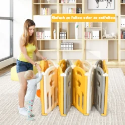 12 Paneele Laufgitter Baby Laufstall faltbar Absperrgitter mit Tür und Spielzeugboard Krabbelgitter Gelb