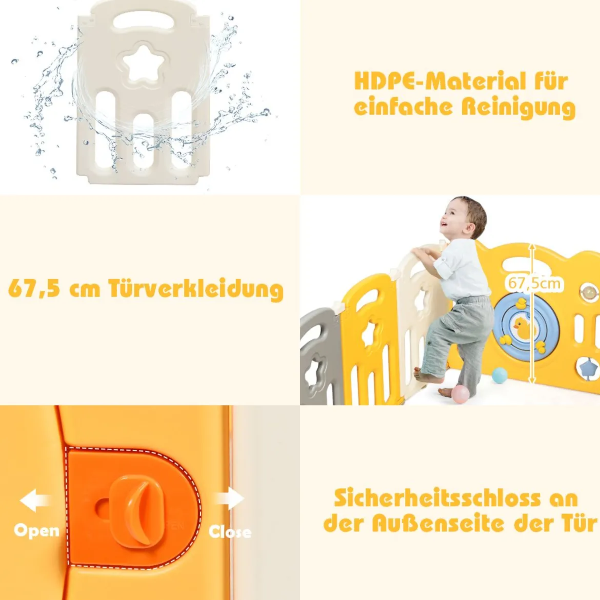12 Paneele Laufgitter Baby Laufstall faltbar Absperrgitter mit Tür und Spielzeugboard Krabbelgitter Gelb