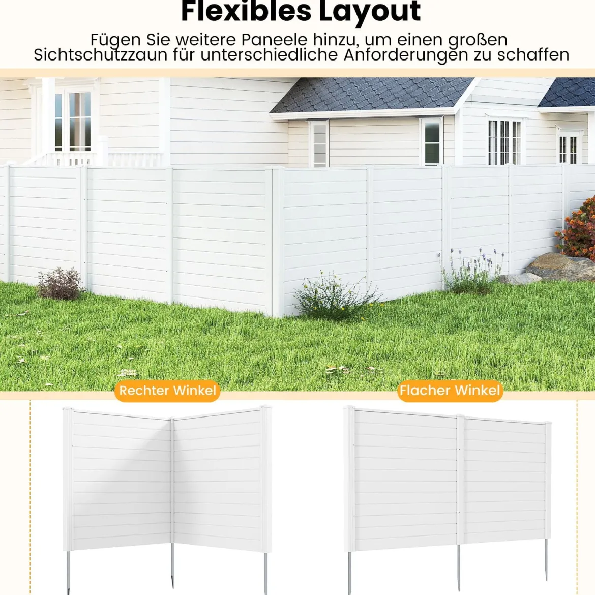 2 Paneele Sichtschutzzaun 123 x 123 cm Gartenzaun PVC mit 3 verzinkte Metall-Erdspieße Weiß