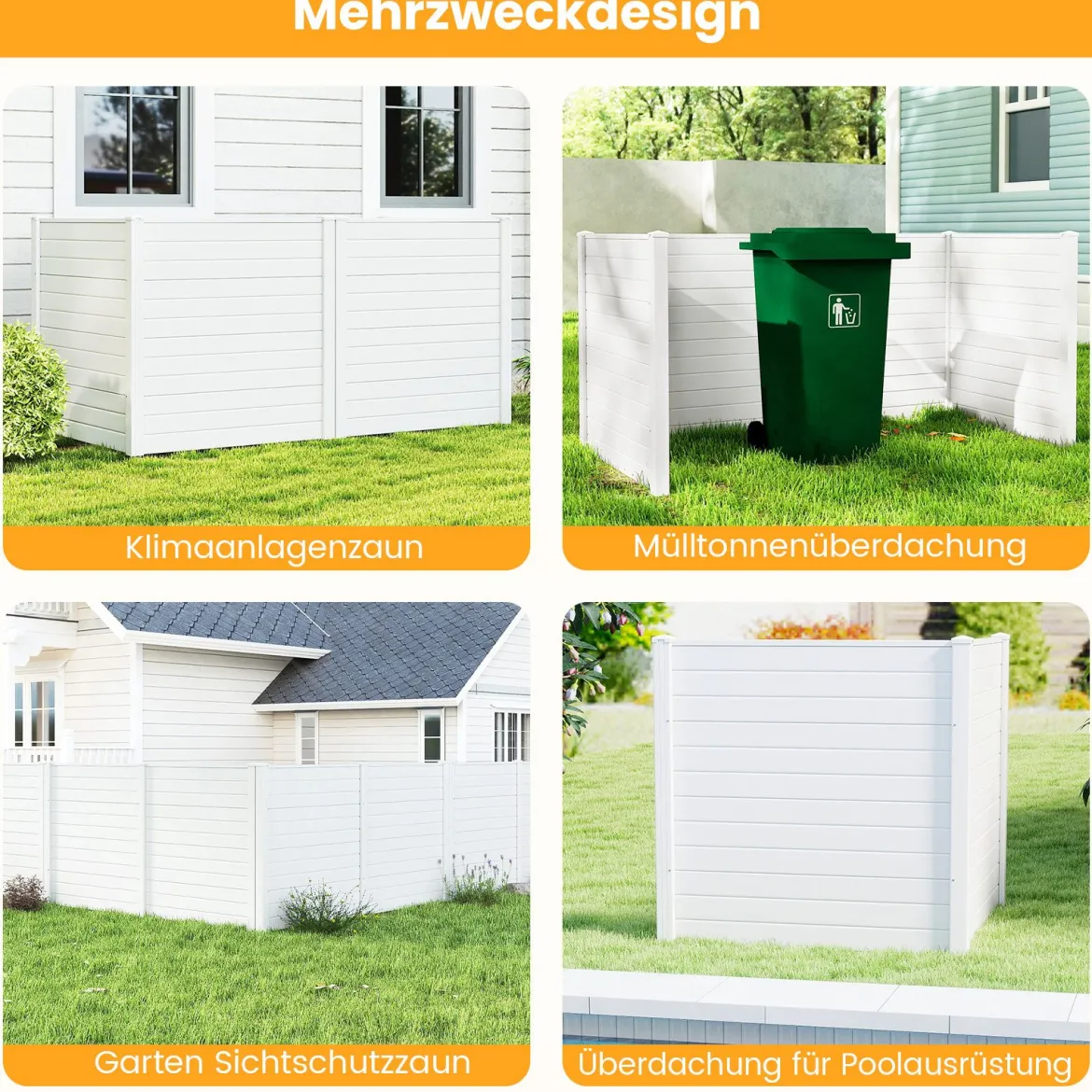 2 Paneele Sichtschutzzaun 123 x 123 cm Gartenzaun PVC mit 3 verzinkte Metall-Erdspieße Weiß