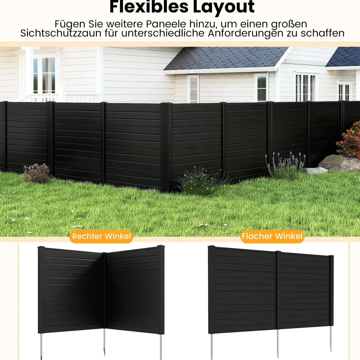 2 Paneele Sichtschutzzaun 123 x 123 cm Gartenzaun PVC mit 3 verzinkte Metall-Erdspieße Schwarz