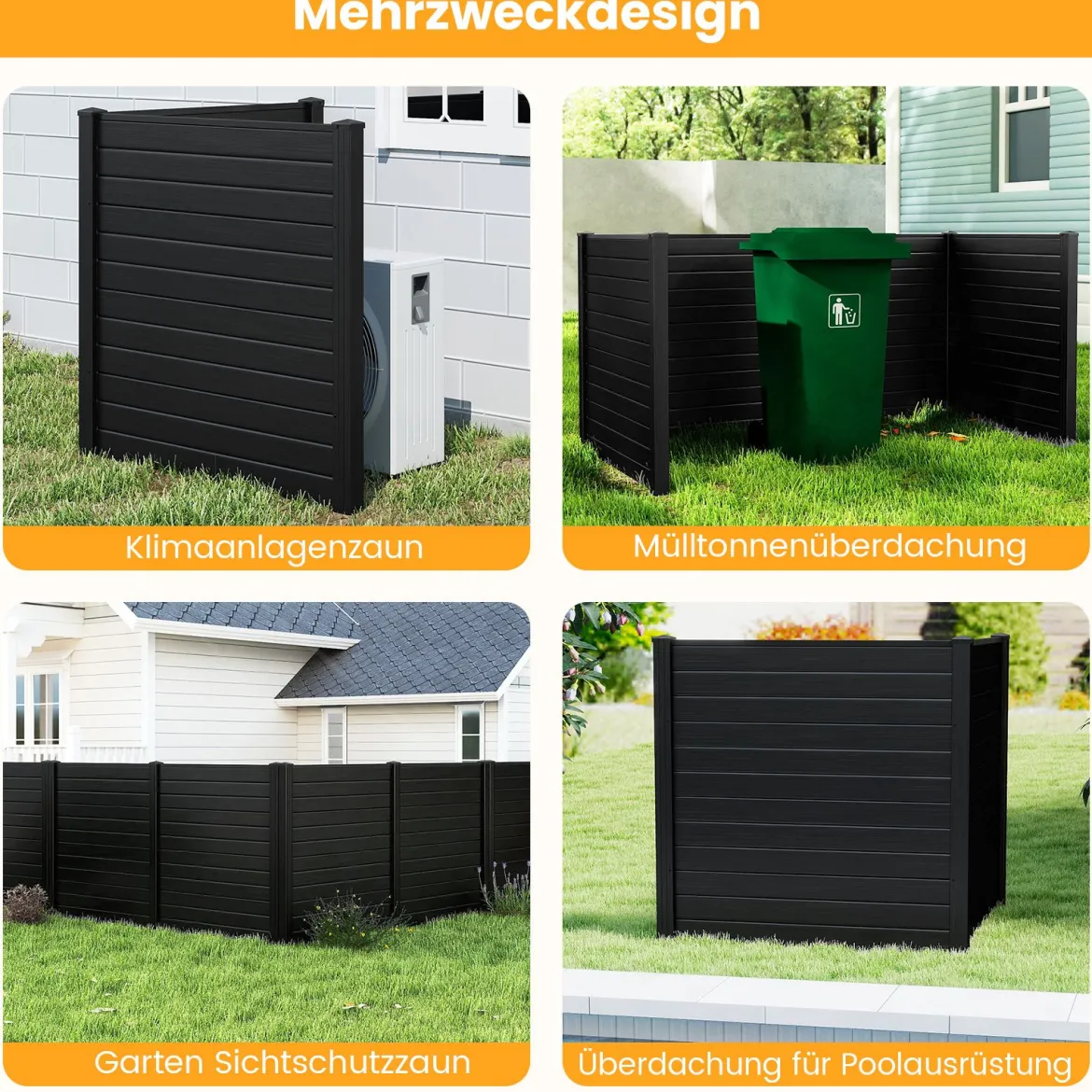 2 Paneele Sichtschutzzaun 123 x 123 cm Gartenzaun PVC mit 3 verzinkte Metall-Erdspieße Schwarz