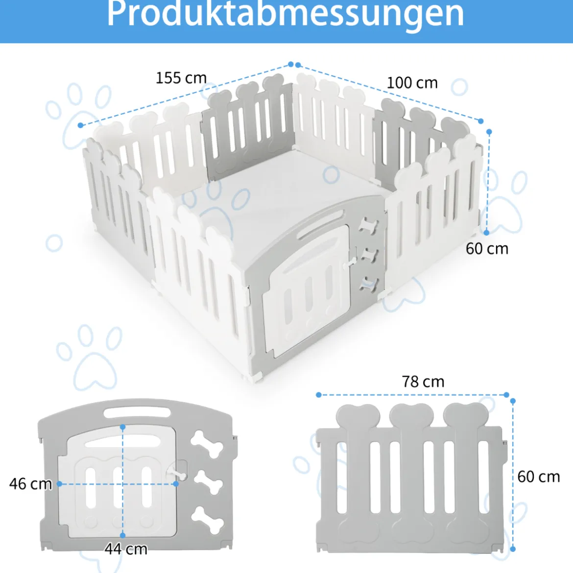 8-Panel Haustierlaufstall Haustier-Übungsstift Haustier-Zaun für Haustiere bis zu 35 cm Höhe Grau