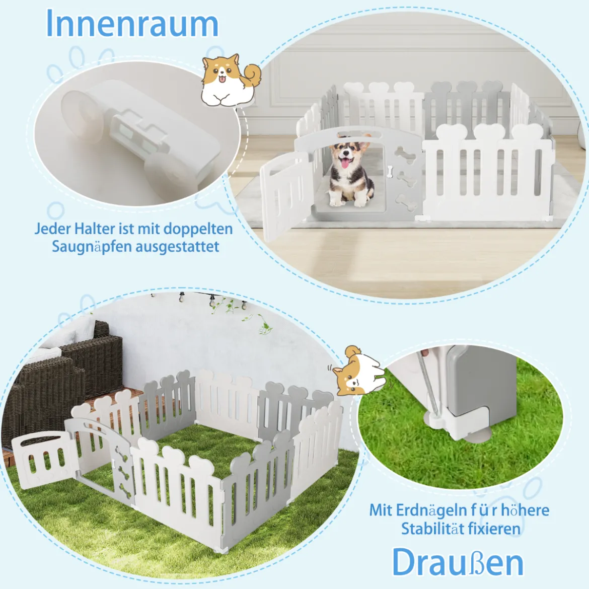 8-Panel Haustierlaufstall Haustier-Übungsstift Haustier-Zaun für Haustiere bis zu 35 cm Höhe Grau