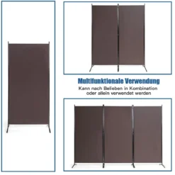 3 Panel Raumteiler mit robusten Scharnieren und Stahlbasis Freistehender Sichtschutz 260x 183 cm Kaffee