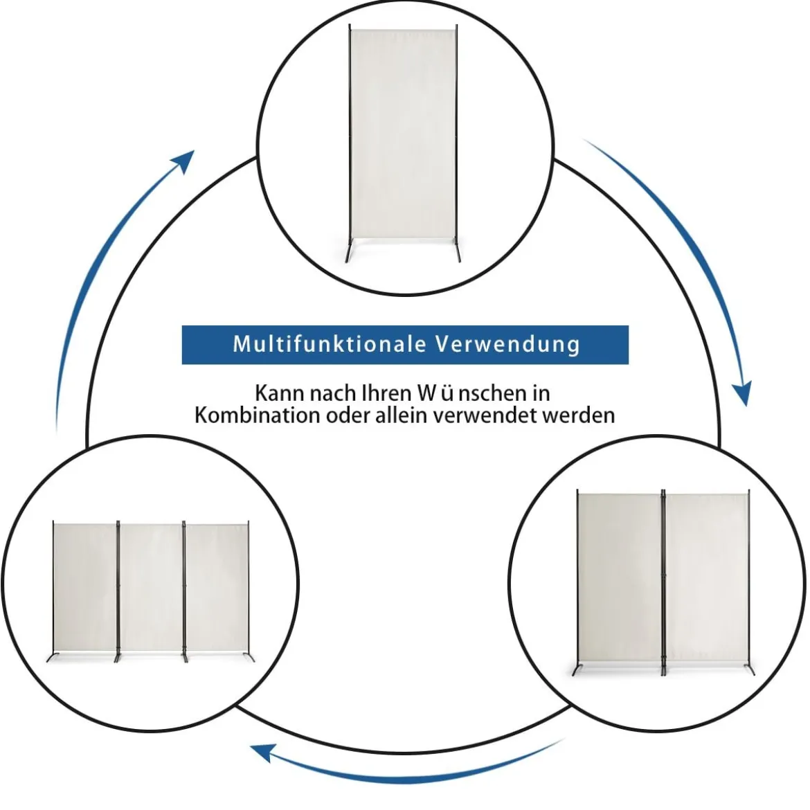 3-Panel Raumteiler mit Verstellbaren Untersetzern & Robusten Scharnieren & Stahlbasis Beige