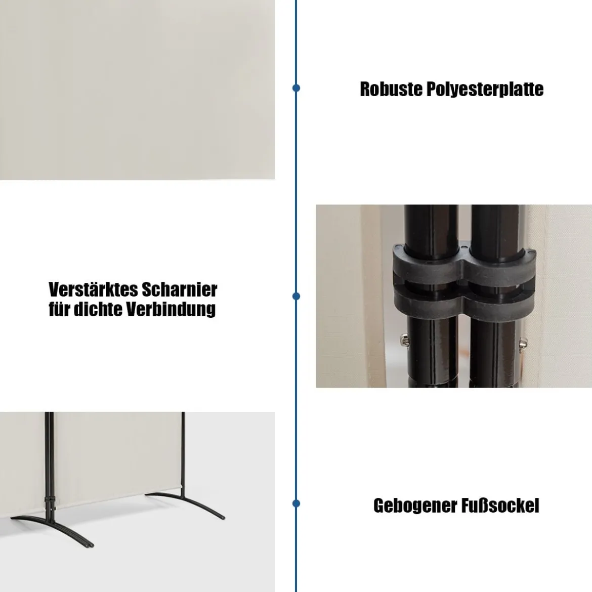3-Panel Raumteiler mit Verstellbaren Untersetzern & Robusten Scharnieren & Stahlbasis Beige