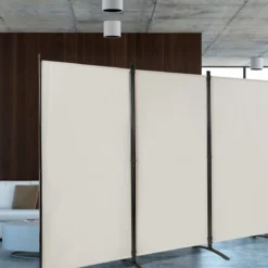 3-Panel Raumteiler mit Verstellbaren Untersetzern & Robusten Scharnieren & Stahlbasis Beige
