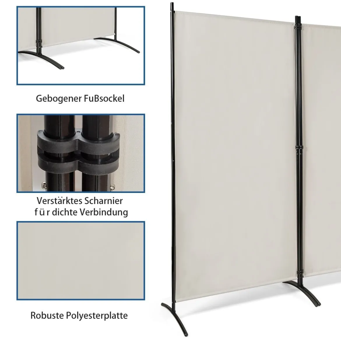 3-Panel Raumteiler mit Verstellbaren Untersetzern & Robusten Scharnieren & Stahlbasis Beige