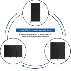 3-Panel Raumteiler mit Verstellbaren Untersetzern & Robusten Scharnieren & Stahlbasis Schwarz