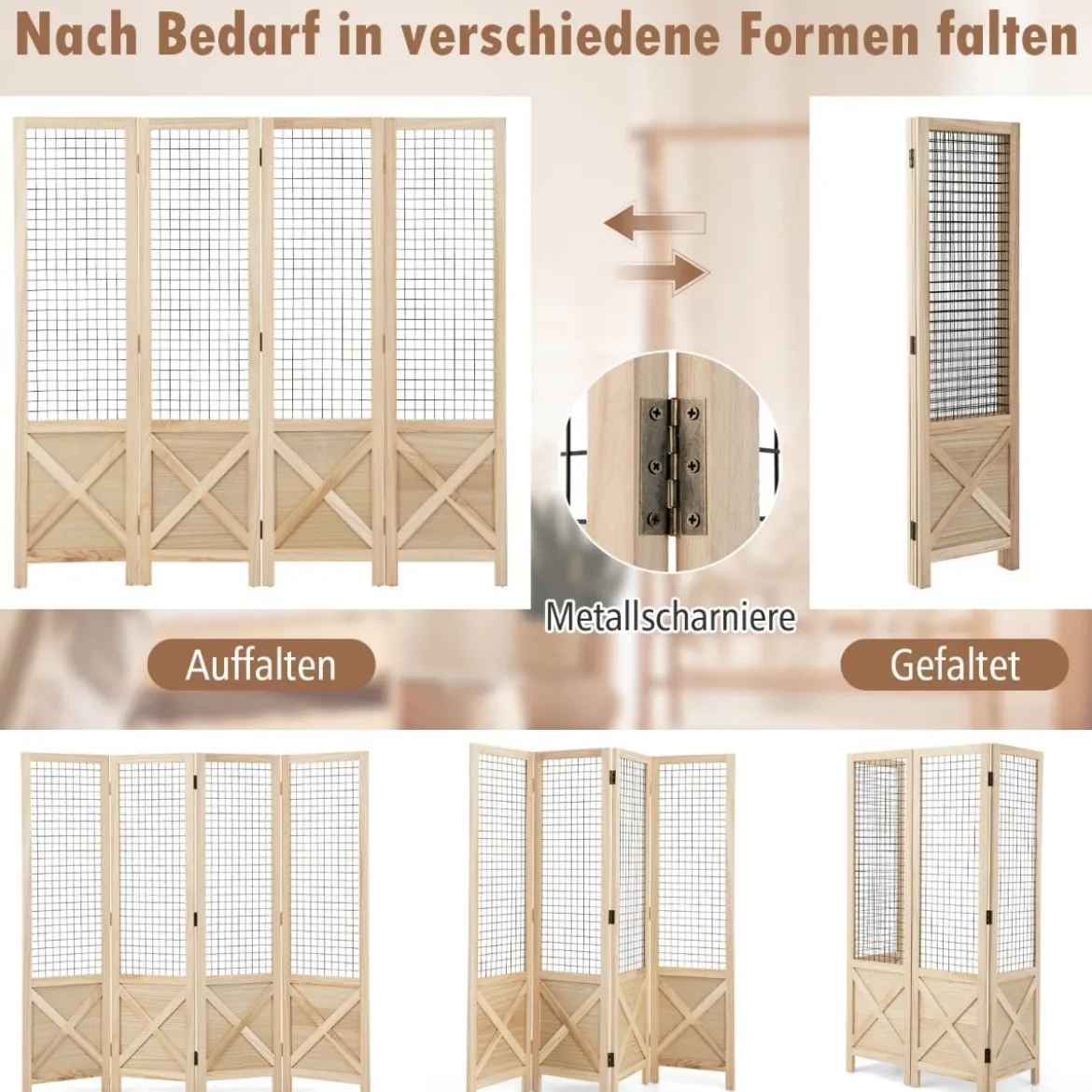 Paravent 151 x 144 cm Raumteiler klappbar 4 teilige Trennwand Holzrahmen Natur