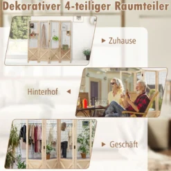Paravent 151 x 144 cm Raumteiler klappbar 4 teilige Trennwand Holzrahmen Natur