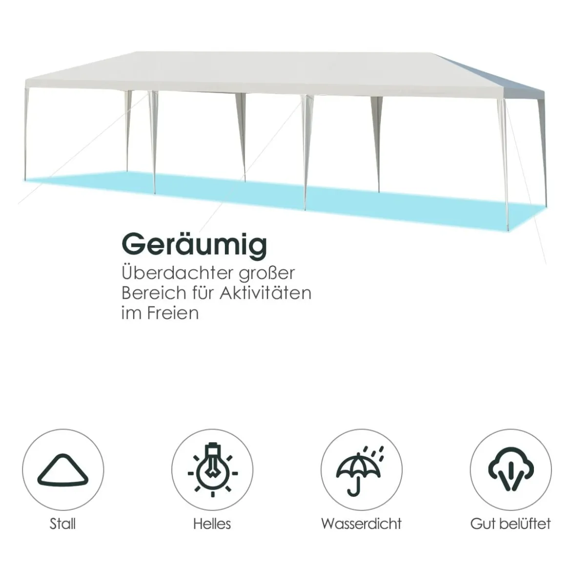 Partyzelt 3 m x 9 m Wasserdichter Pavillon für den Außenbereich Weiß
