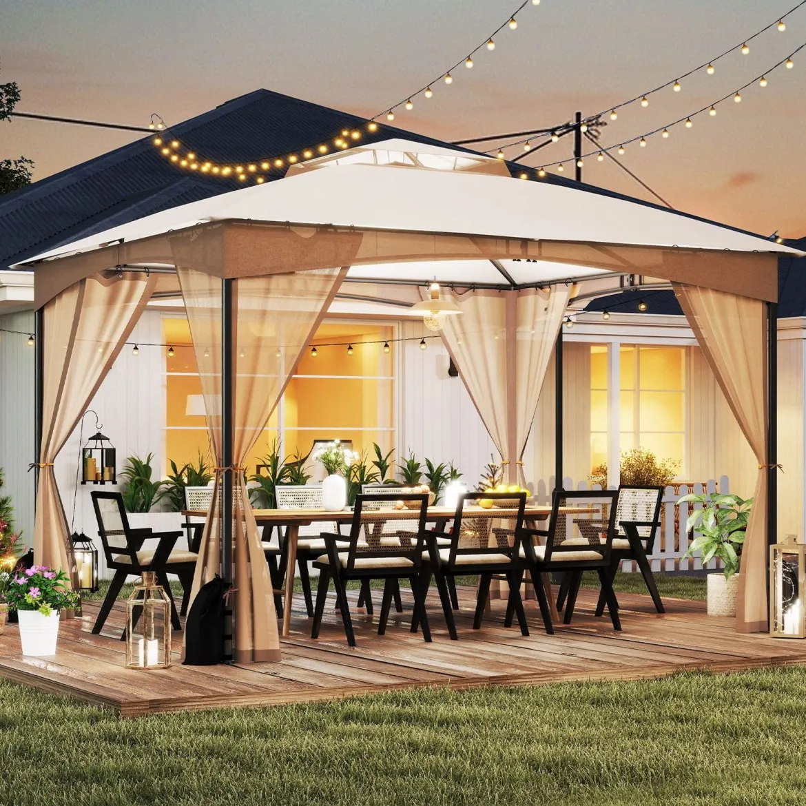 Pavillon 3 x 3,6 m Faltpavillon mit 4 Sandsäcken & 4 Moskitonetz & Doppeldach Wasserdicht & Stabil & Winterfest Khaki