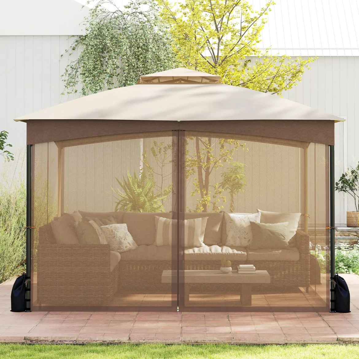 Pavillon 3 x 3,6 m Faltpavillon mit 4 Sandsäcken & 4 Moskitonetz & Doppeldach Wasserdicht & Stabil & Winterfest Khaki