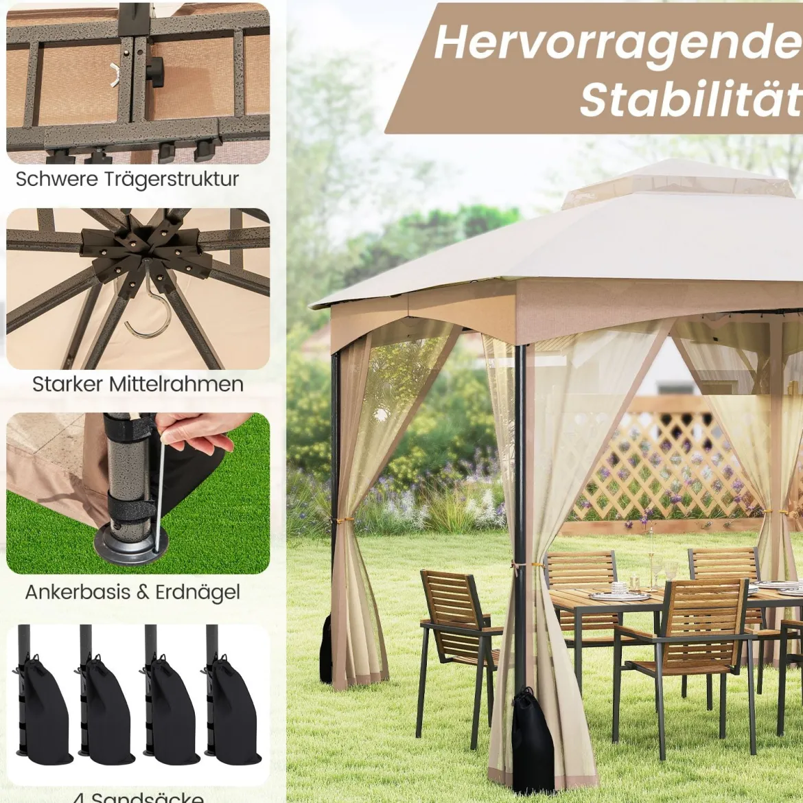 Pavillon 3 x 3,6 m Faltpavillon mit 4 Sandsäcken & 4 Moskitonetz & Doppeldach Wasserdicht & Stabil & Winterfest Khaki