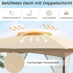Pavillon 3 x 3,6 m Faltpavillon mit 4 Sandsäcken & 4 Moskitonetz & Doppeldach Wasserdicht & Stabil & Winterfest Khaki