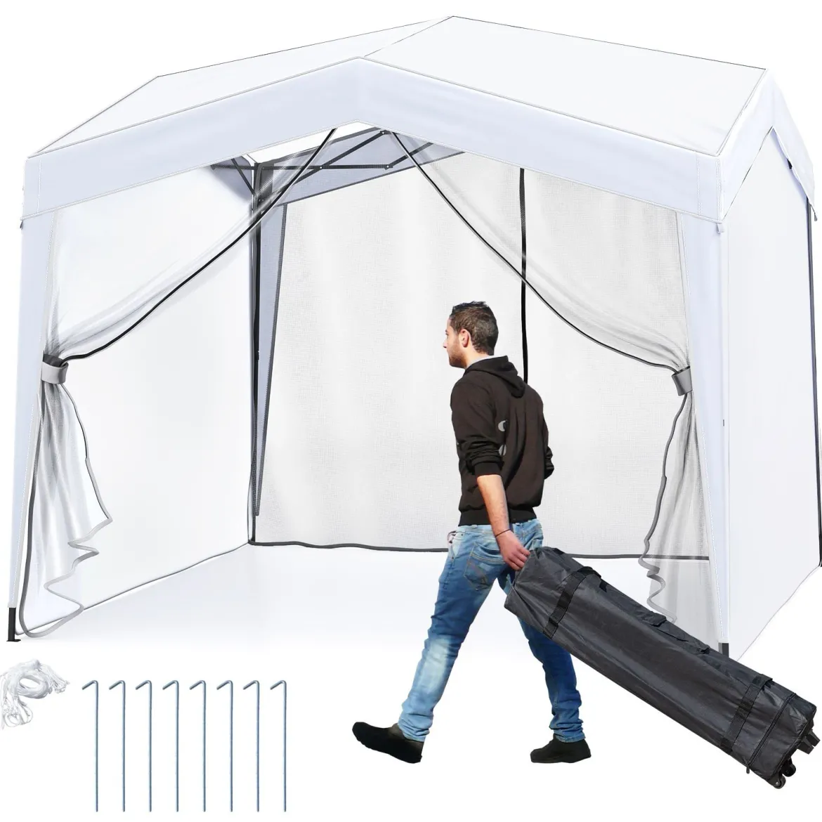 Pavillon 3x3 m Faltpavillon mit Rolltasche 8 Heringe & 4 Windseile Gartenpavillon Wasserdicht Stabil Winterfest (mit Moskitonetz)
