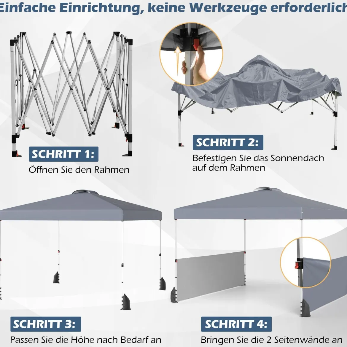 Pavillon 3 x 3m Faltpavillon mit 2 Seitenwänden & Tasche inkl. 4 Windseile & 4 Sandsäcke Grau