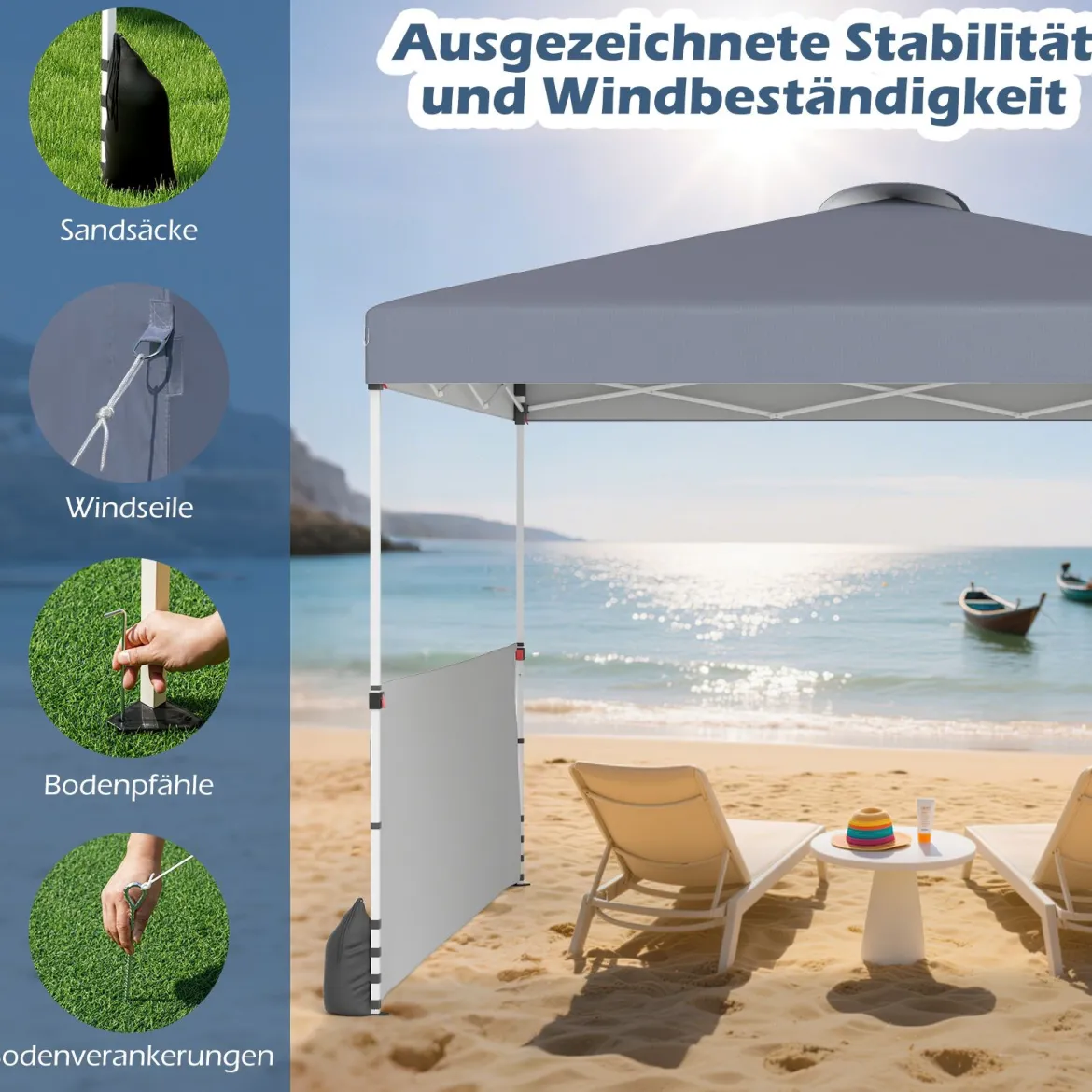 Pavillon 3 x 3m Faltpavillon mit 2 Seitenwänden & Tasche inkl. 4 Windseile & 4 Sandsäcke Grau