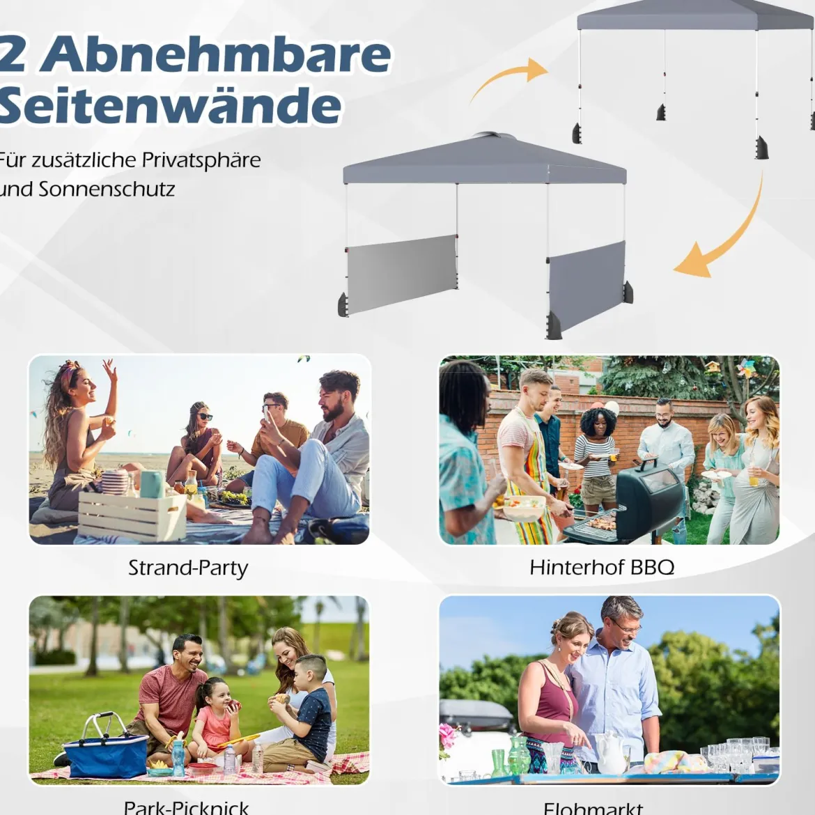 Pavillon 3 x 3m Faltpavillon mit 2 Seitenwänden & Tasche inkl. 4 Windseile & 4 Sandsäcke Grau
