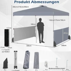 Pavillon 3 x 3m Faltpavillon mit 2 Seitenwänden & Tasche inkl. 4 Windseile & 4 Sandsäcke Grau
