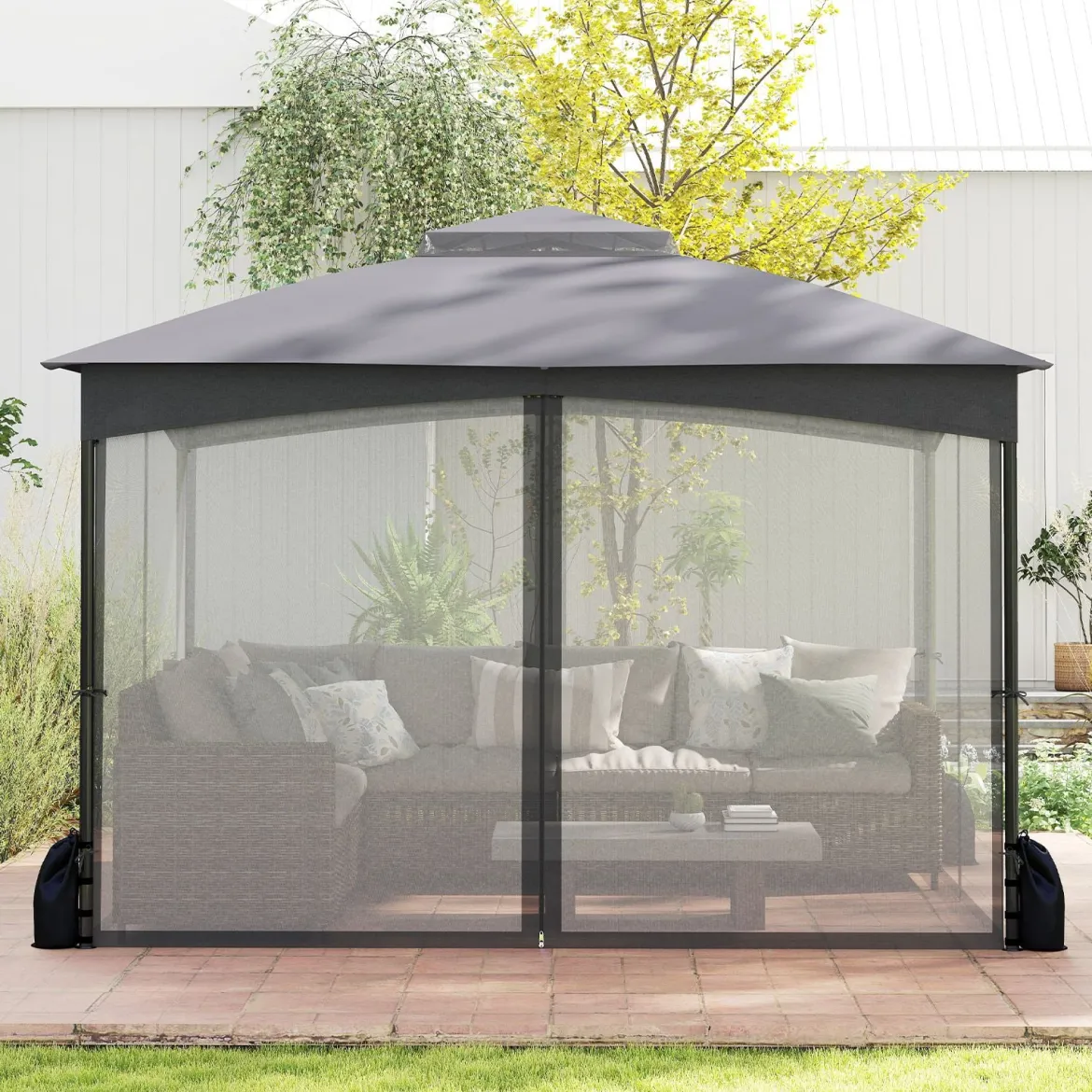 Pavillon 3 x 3,6 m Faltpavillon mit 4 Sandsäcken & 4 Moskitonetz & Doppeldach Wasserdicht & Stabil & Winterfest Grau