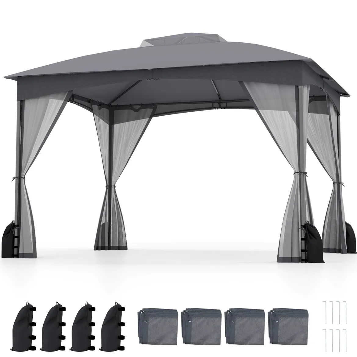 Pavillon 3 x 3,6 m Faltpavillon mit 4 Sandsäcken & 4 Moskitonetz & Doppeldach Wasserdicht & Stabil & Winterfest Grau