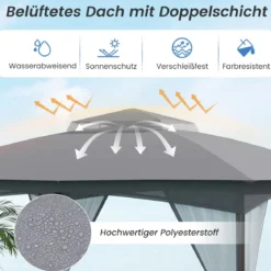 Pavillon 3 x 3,6 m Faltpavillon mit 4 Sandsäcken & 4 Moskitonetz & Doppeldach Wasserdicht & Stabil & Winterfest Grau