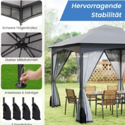 Pavillon 3 x 3,6 m Faltpavillon mit 4 Sandsäcken & 4 Moskitonetz & Doppeldach Wasserdicht & Stabil & Winterfest Grau