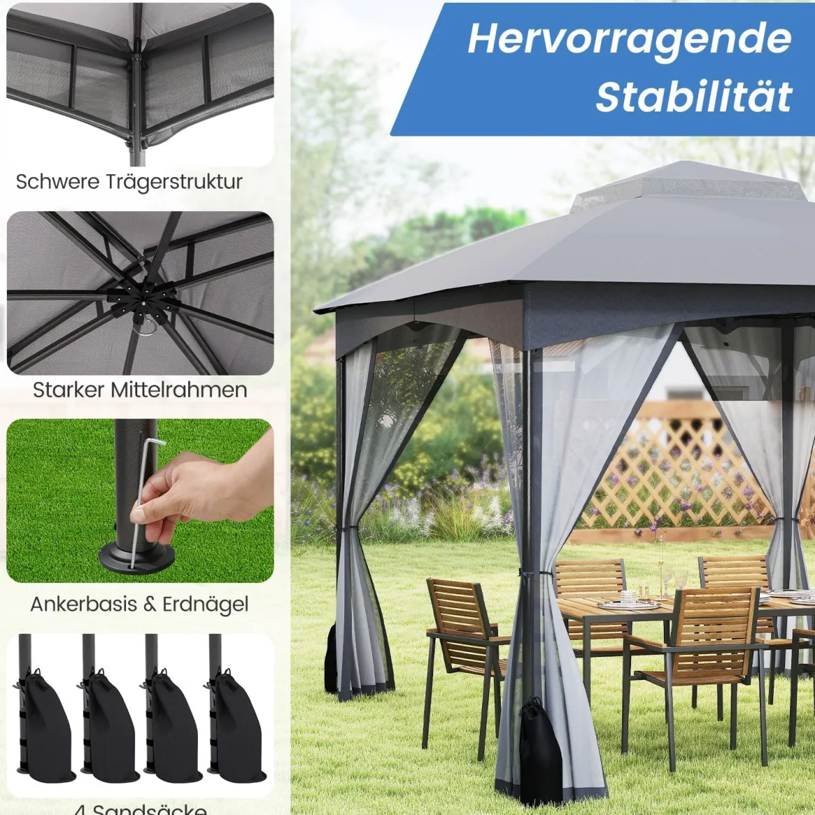 Pavillon 3 x 3,6 m Faltpavillon mit 4 Sandsäcken & 4 Moskitonetz & Doppeldach Wasserdicht & Stabil & Winterfest Grau