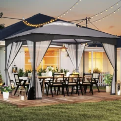 Pavillon 3 x 3,6 m Faltpavillon mit 4 Sandsäcken & 4 Moskitonetz & Doppeldach Wasserdicht & Stabil & Winterfest Grau