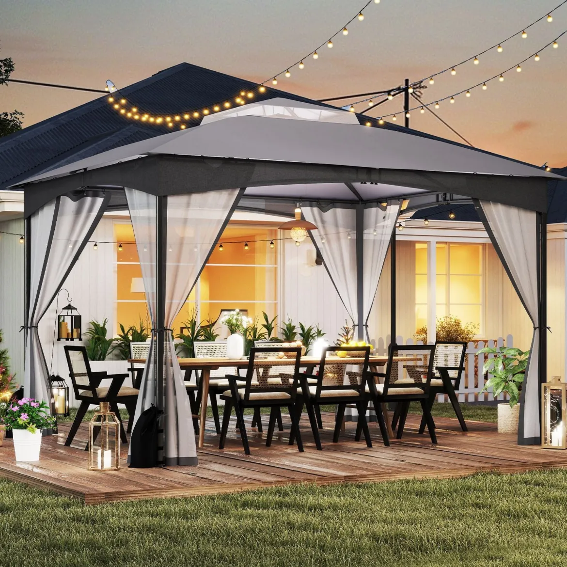 Pavillon 3 x 3,6 m Faltpavillon mit 4 Sandsäcken & 4 Moskitonetz & Doppeldach Wasserdicht & Stabil & Winterfest Grau