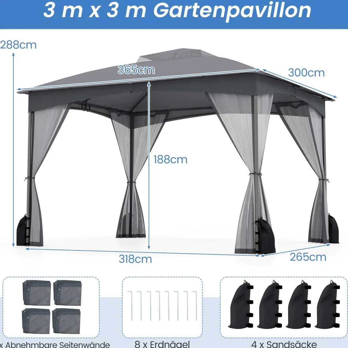 Pavillon 3 x 3,6 m Faltpavillon mit 4 Sandsäcken & 4 Moskitonetz & Doppeldach Wasserdicht & Stabil & Winterfest Grau