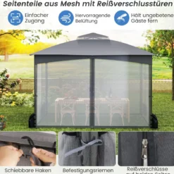 Pavillon 3 x 3,6 m Faltpavillon mit 4 Sandsäcken & 4 Moskitonetz & Doppeldach Wasserdicht & Stabil & Winterfest Grau