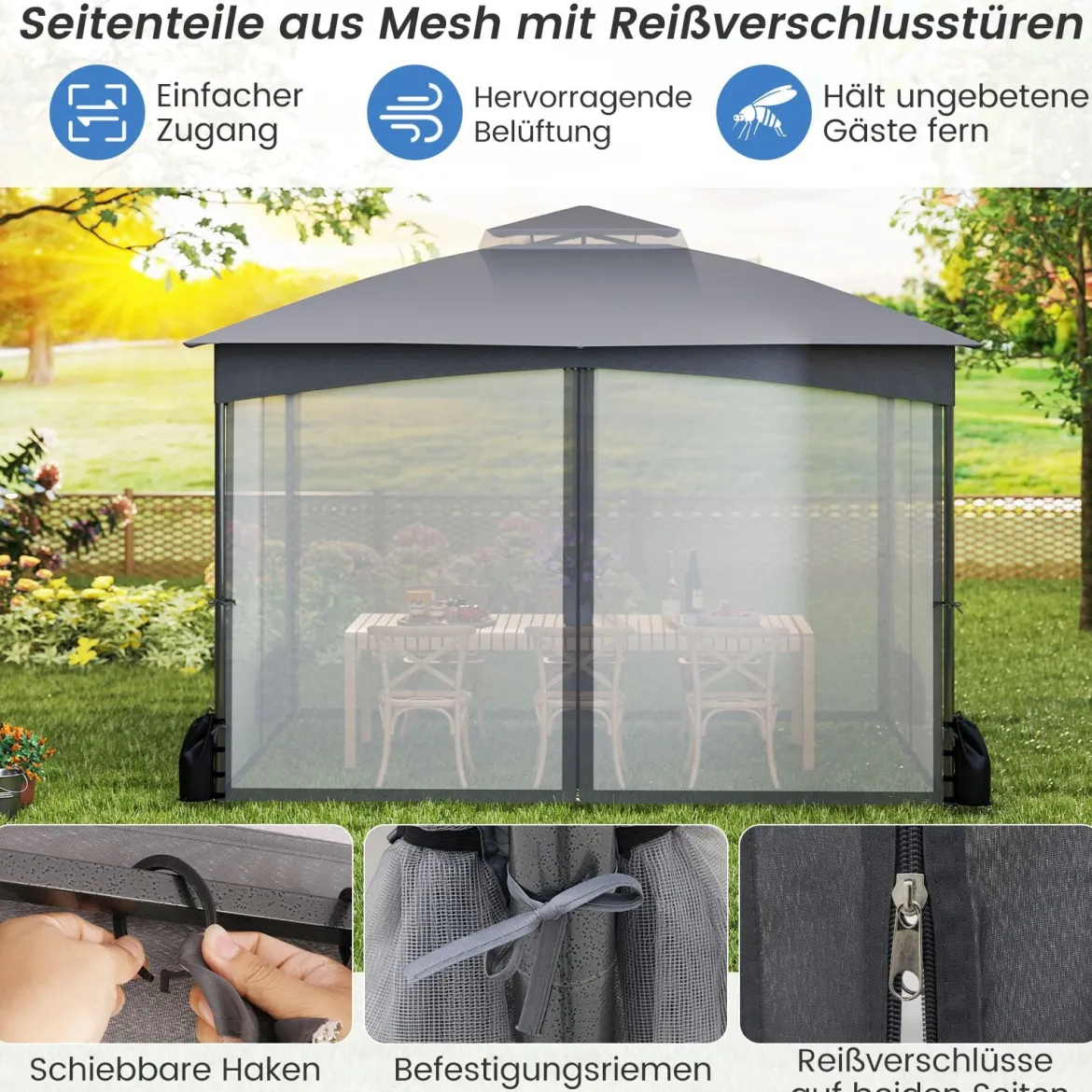 Pavillon 3 x 3,6 m Faltpavillon mit 4 Sandsäcken & 4 Moskitonetz & Doppeldach Wasserdicht & Stabil & Winterfest Grau