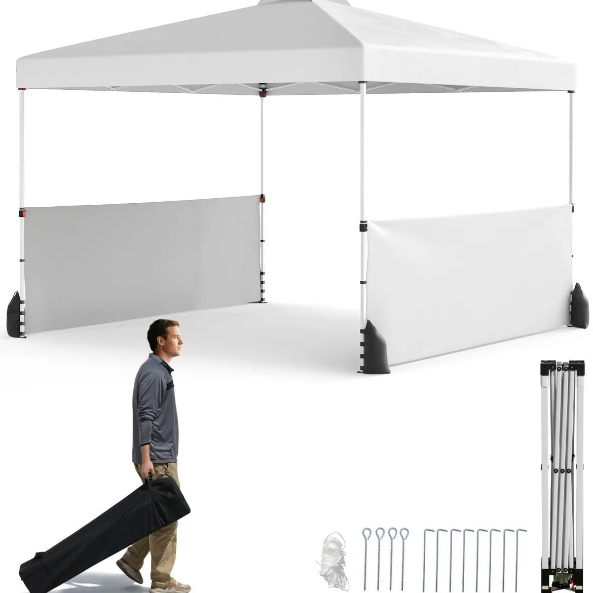Pavillon 3 x 3m Faltpavillon mit 2 Seitenwänden & Tasche inkl. 4 Windseile & 4 Sandsäcke Weiß